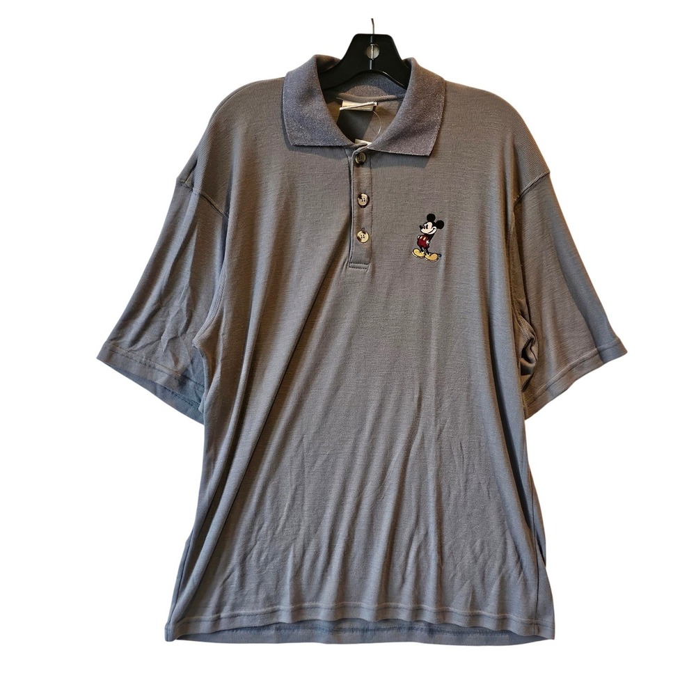 Vintage Walt Disney‎ World Mickey Mouse Polo Shirt Grey Blue Ribbed Mens Medium